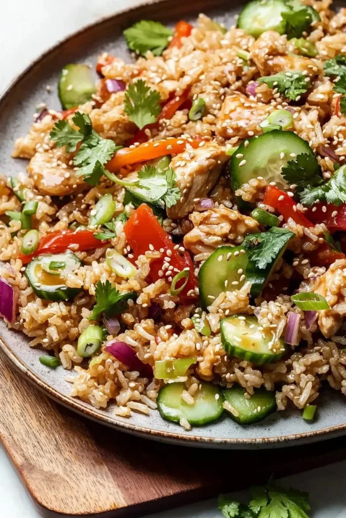 Delicious teriyaki chicken crispy rice salad with fresh vegetables and glaze