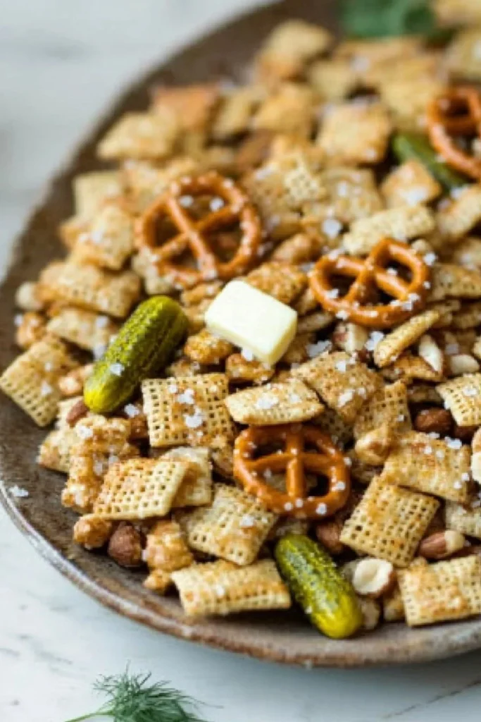 Delicious Dill Pickle Chex Mix in a bowl with a crunchy texture