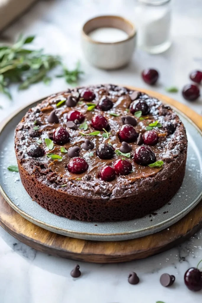 Delicious double chocolate cherry cake topped with cherries and chocolate frosting.