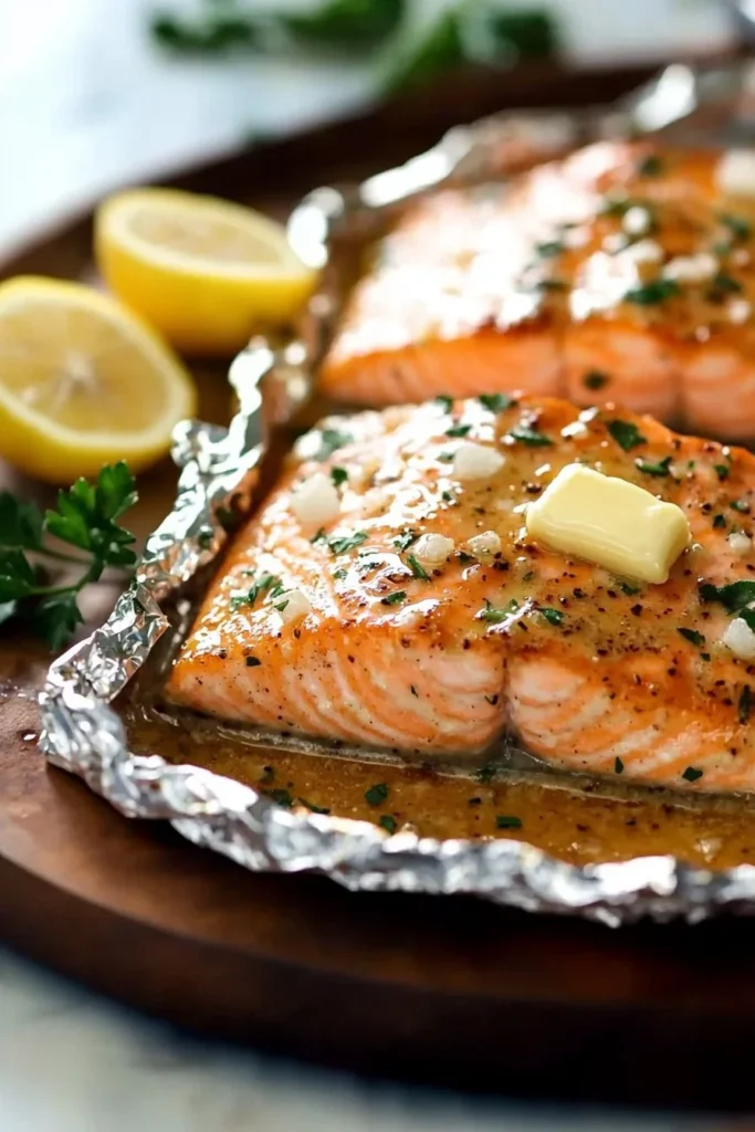 Garlic butter salmon baked in foil on a plate with fresh herbs