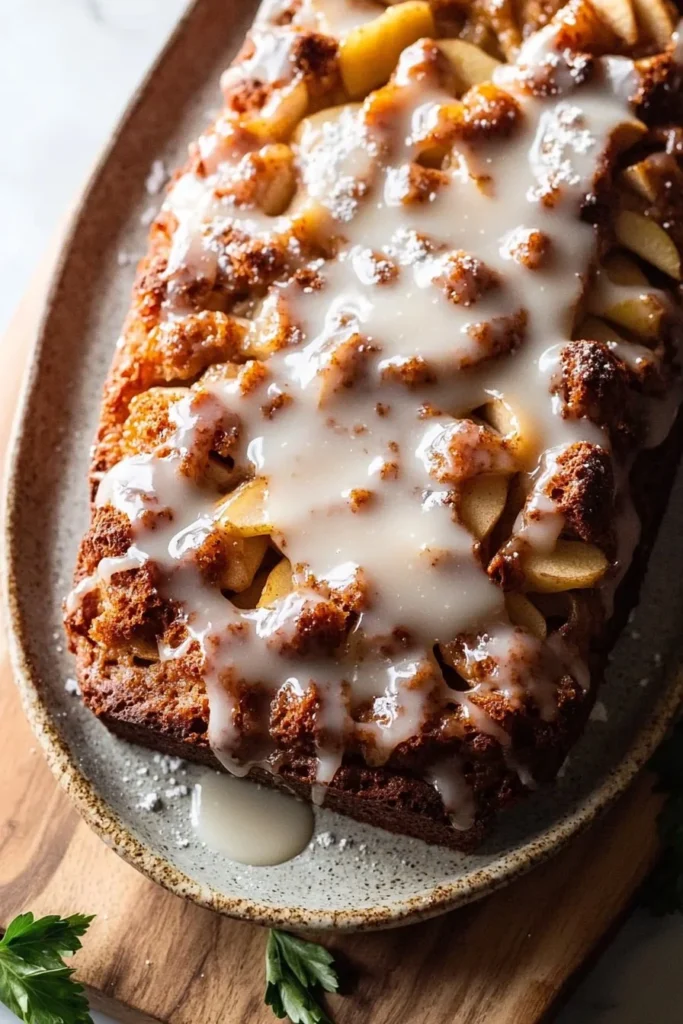 Slice of Easy Amish Apple Fritter Bread with apples and glaze on top