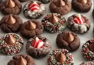 Easy chocolate blossom cookies topped with chocolate kisses on a plate