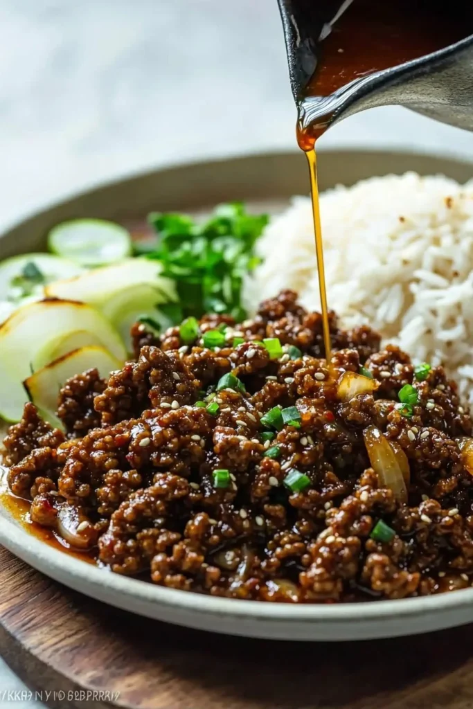Delicious easy ground beef bulgogi served with vegetables and rice