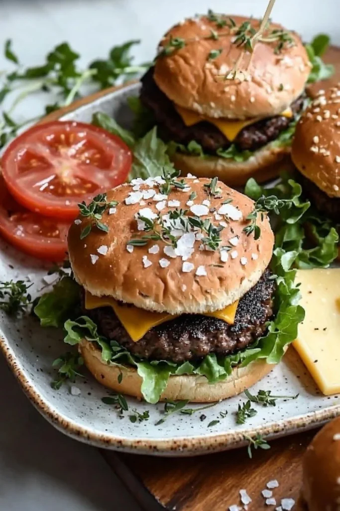 Delicious easy homemade beef burger on a plate with fresh toppings