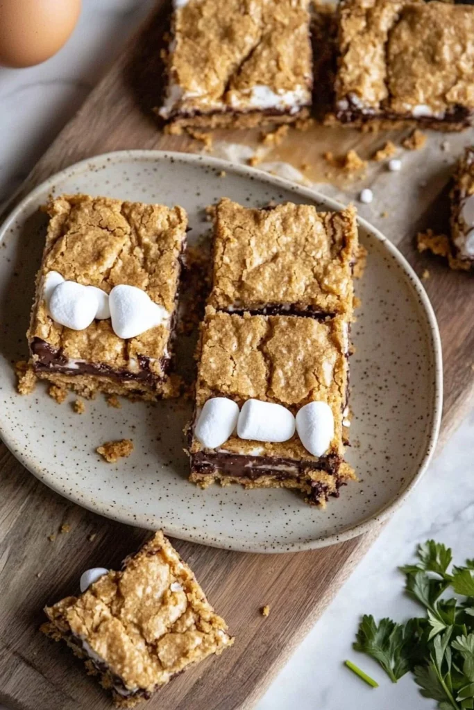 Delicious layered s'mores cookie bars with chocolate and marshmallow.