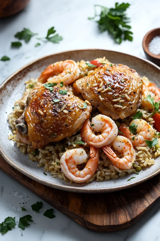 Easy one pot chicken and shrimp rice dish garnished with vegetables.