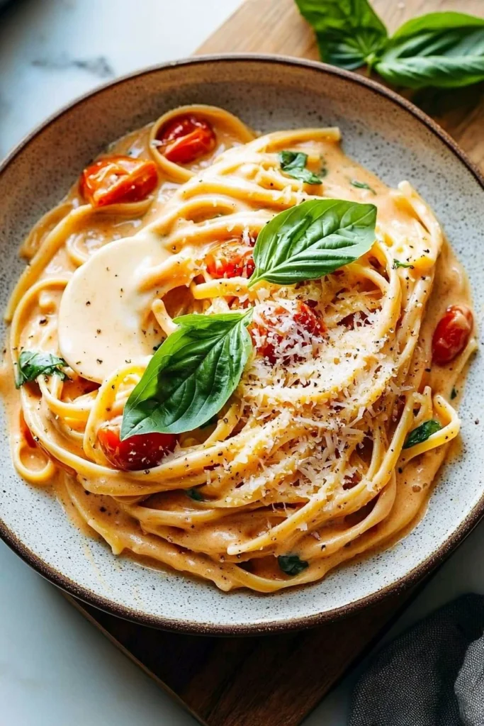 One pot creamy tomato pasta served in a bowl with basil and parmesan