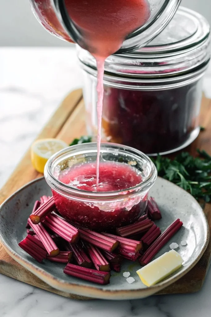 Easy rhubarb butter spread on toast with fresh rhubarb stalks nearby.