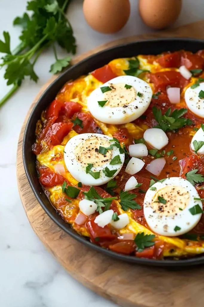 Easy Shakshuka with tomatoes, eggs, and spices in a skillet.