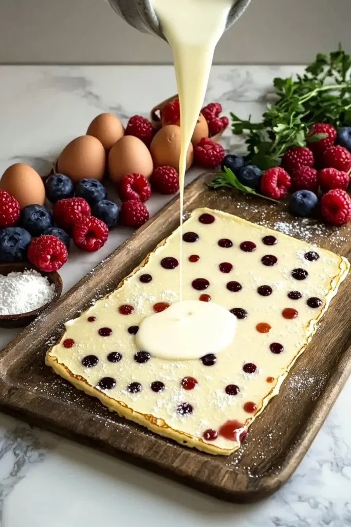 Delicious easy sheet pan pancakes freshly baked and served on a table.