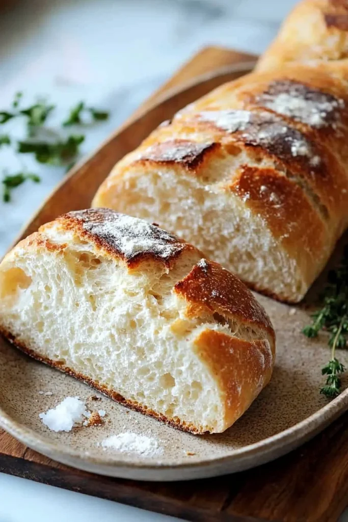 Freshly baked easy sourdough French bread on a wooden board