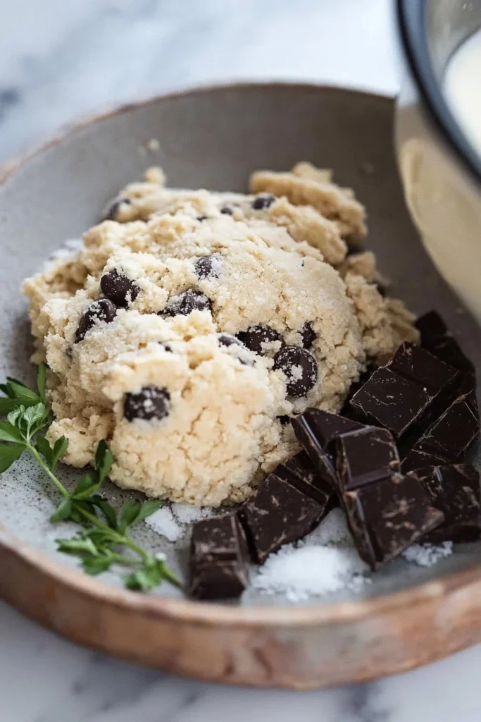 Bowl of creamy edible cookie dough with chocolate chips and a spoon