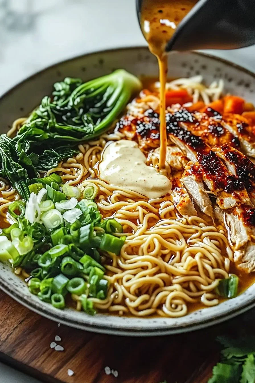 Fiery Chicken Ramen with Creamy Garlic Sauce