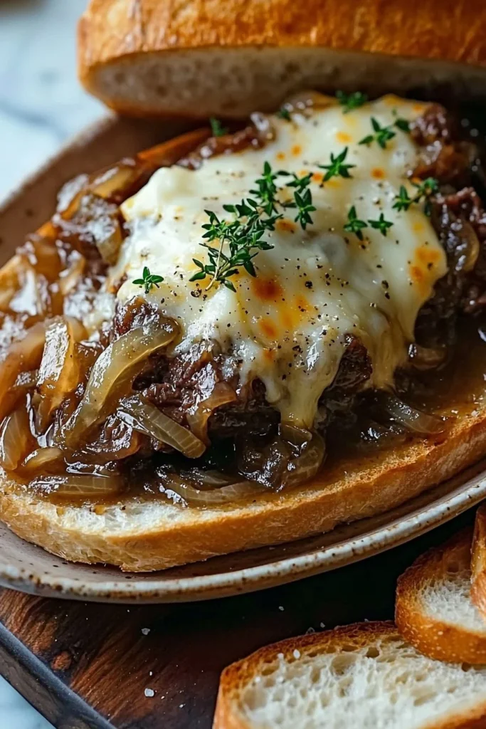 Delicious plate of French onion beef served with melted cheese and caramelized onions