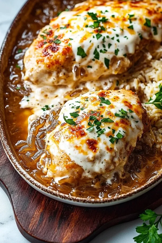 Delicious French onion chicken casserole topped with melty cheese and caramelized onions.