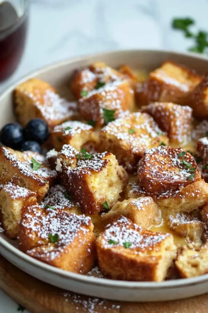 Deliciously baked French toast casserole topped with syrup and berries