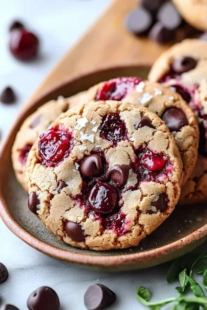 Freshly baked cherry chocolate chip cookies on a cooling rack