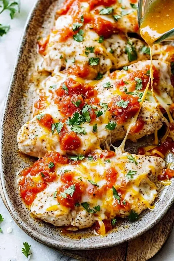 Delicious fresh salsa baked chicken garnished with herbs and served with vegetables