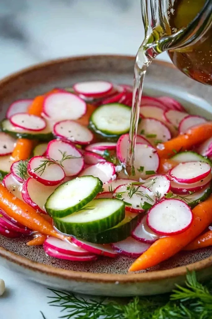 Jar of fridge pickled radish and assorted veggies for crunchy snacks