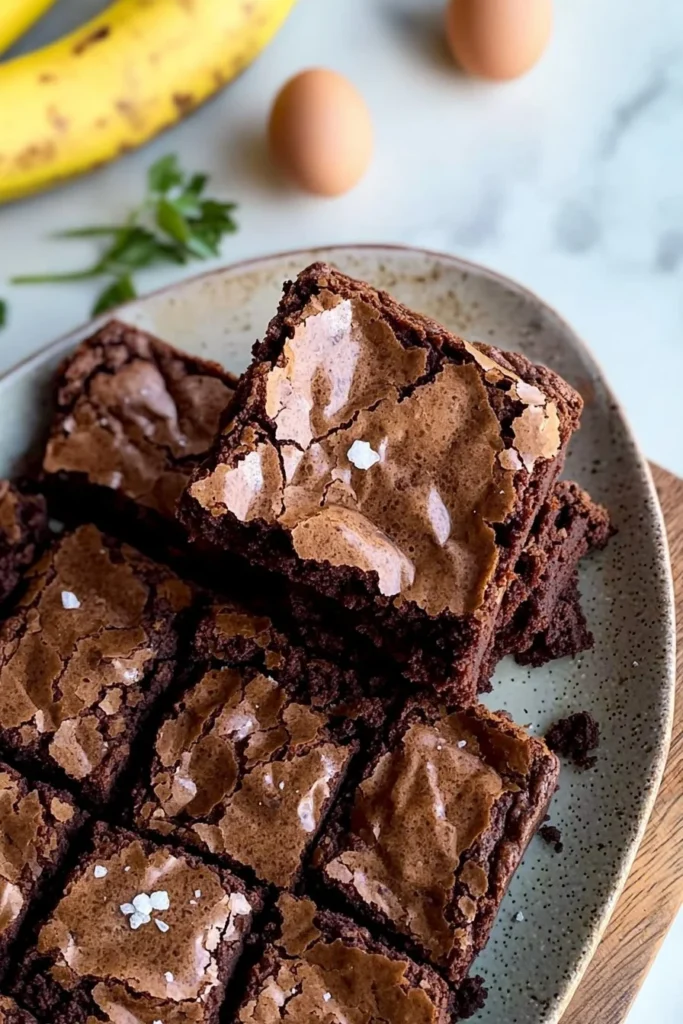 Fudgy banana brownies topped with chocolate drizzle on a white plate