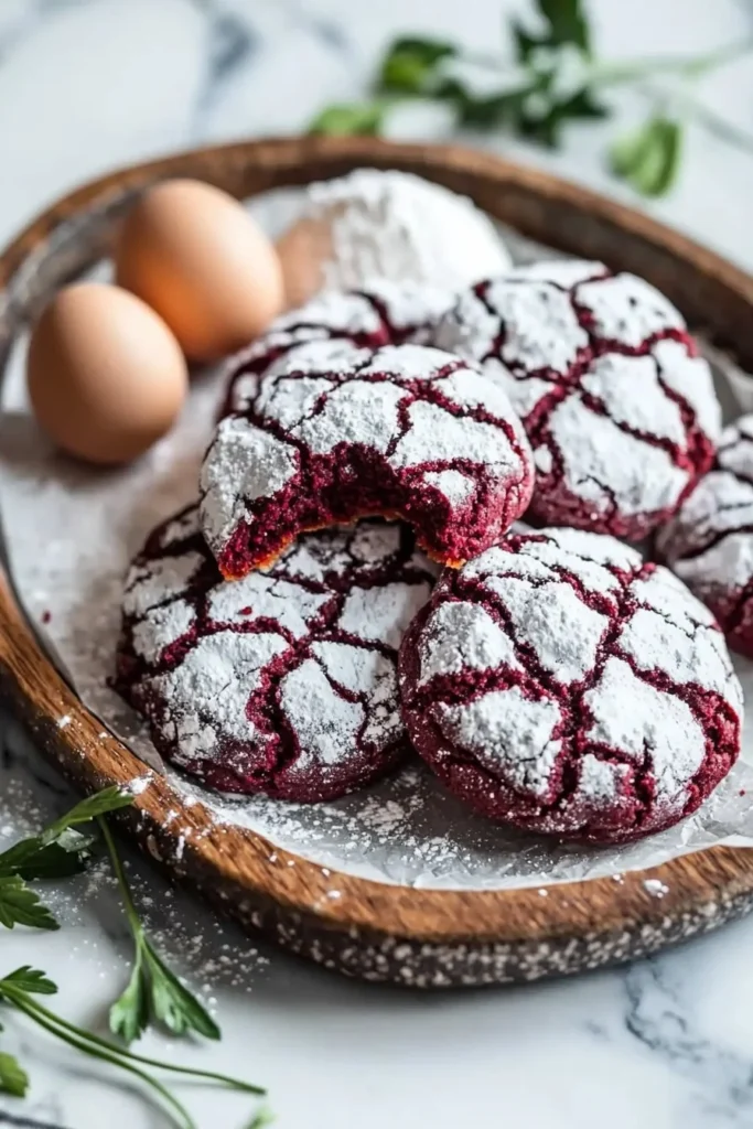Fudgy red velvet crinkle cookies stacked on a plate, showcasing their rich color