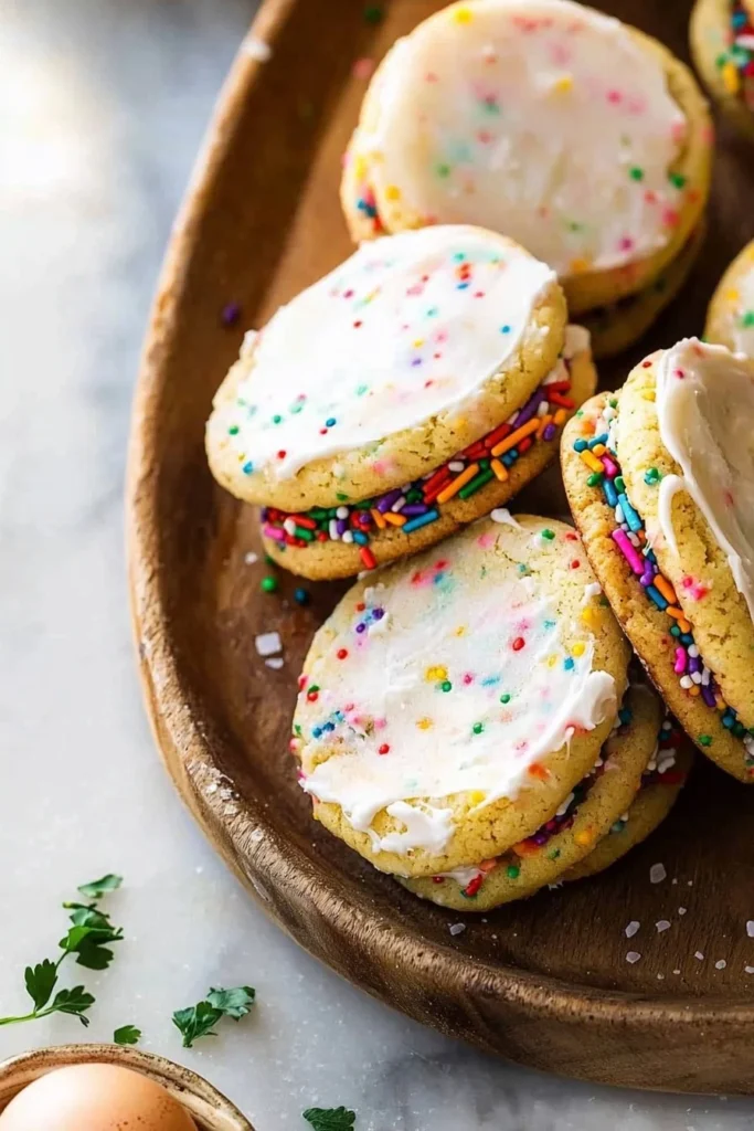Colorful Funfetti Sandwich Cookies with sprinkles on a plate.