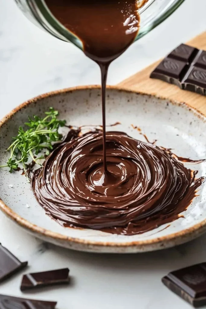 Delicious chocolate ganache drizzling over a dessert