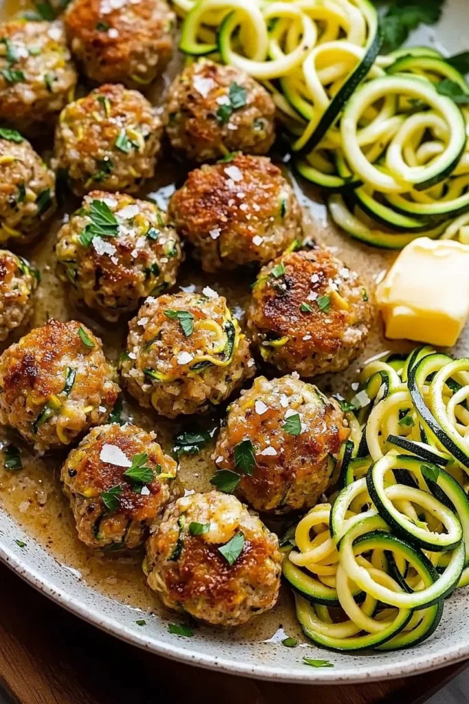 Garlic Butter Turkey Meatballs served with Lemon Zucchini Noodles