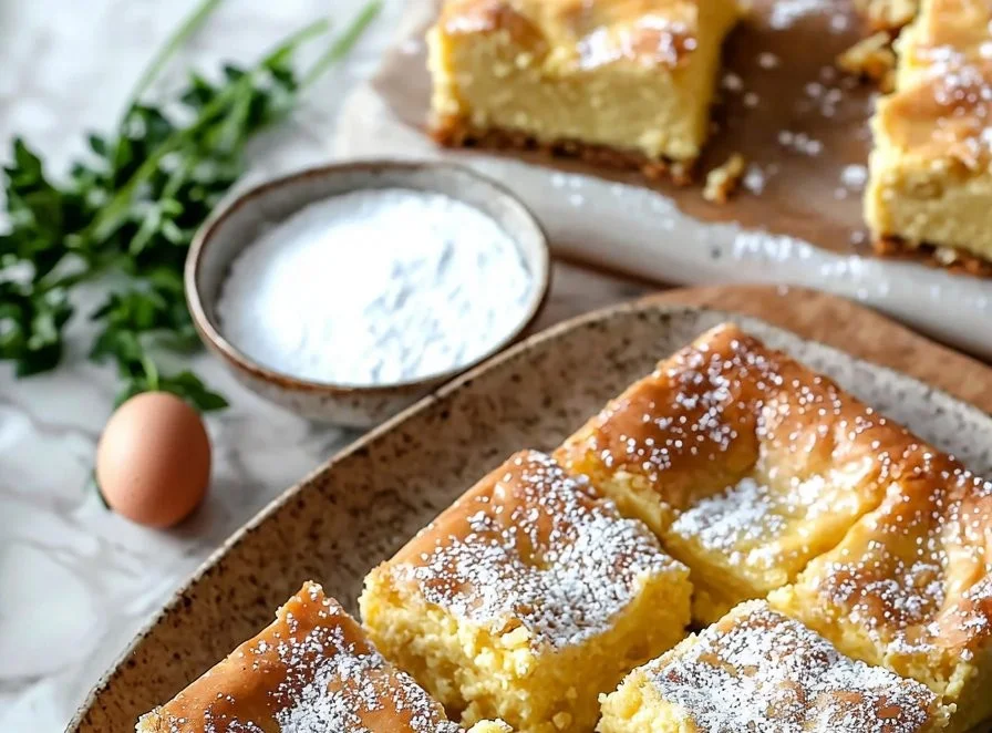 Delicious Gooey Butter Cake Bars topped with a sprinkle of powdered sugar