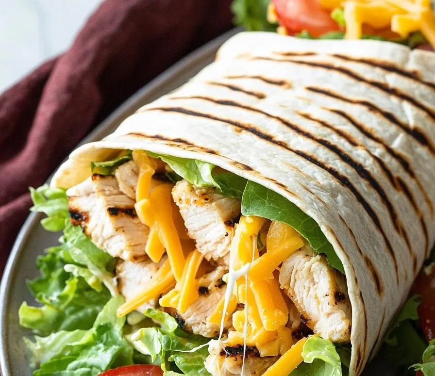 Delicious grilled chicken wrap garnished with fresh vegetables