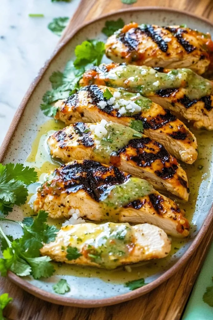 Juicy grilled salsa verde chicken topped with pepper jack cheese.