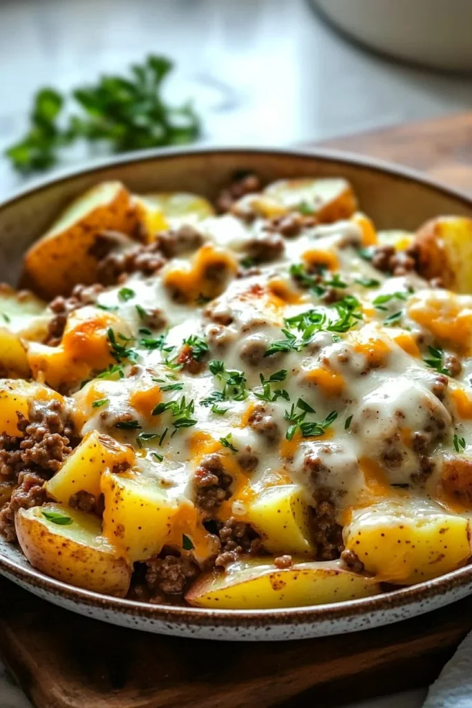 Delicious Hamburger Potato Casserole served in a baking dish