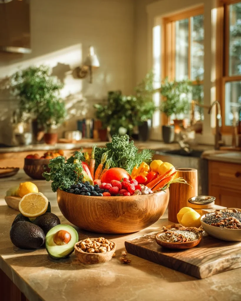 Healthy whole foods diet plate with fresh vegetables and fruits