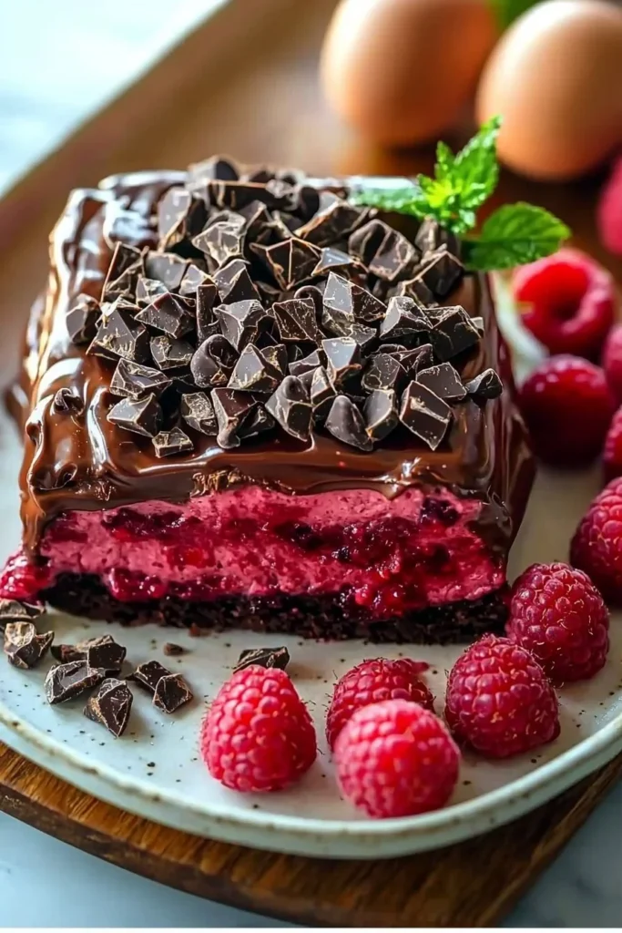 Heavenly Raspberry Chocolate Mousse Cake with fresh raspberries and chocolate decorations