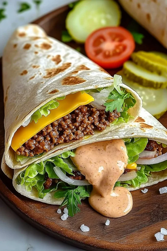 Homemade beef burger wraps drizzled with special sauce on a plate