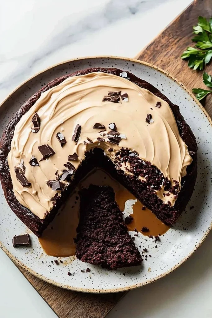 A slice of homemade Chocolate Coffee Cake topped with chocolate frosting and coffee beans.