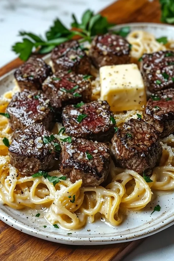 Plate of homemade creamy garlic butter steak bites served with pasta
