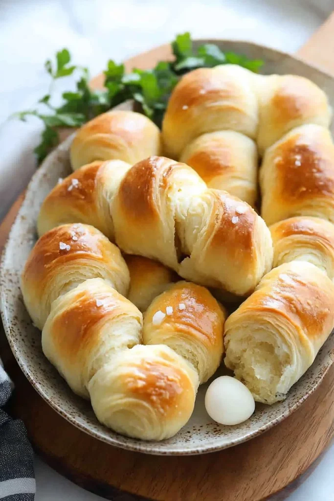 Freshly baked homemade crescent rolls on a wooden table