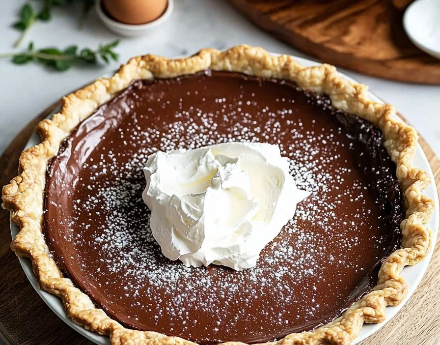 Slice of homemade French Silk Pie with chocolate topping