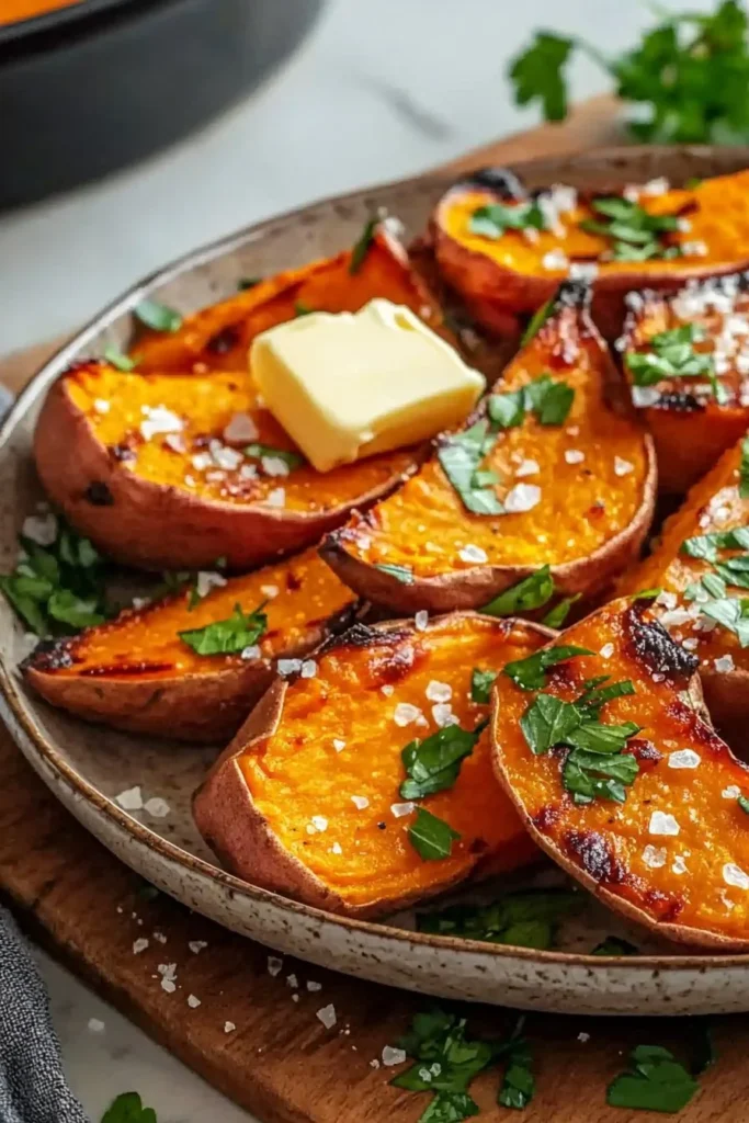 Delicious homemade garlic butter sweet potato bake fresh out of the oven