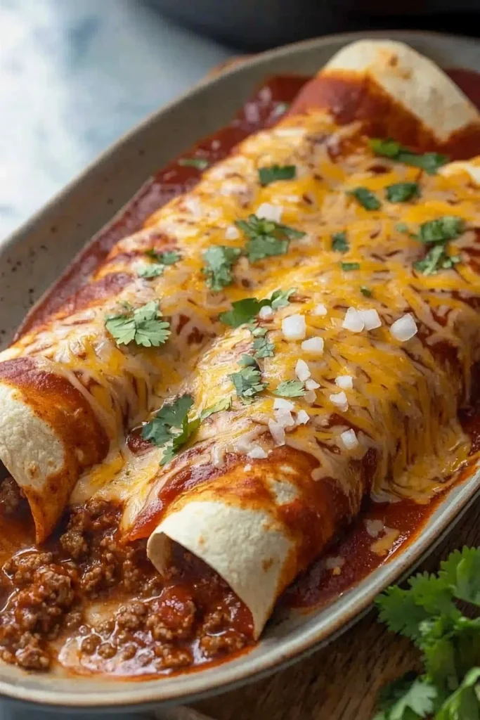 Delicious homemade ground beef enchiladas topped with cheese and sauce