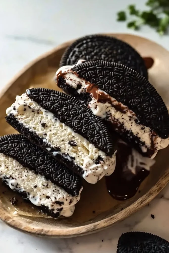 Delicious homemade Oreo ice cream sandwiches on a plate