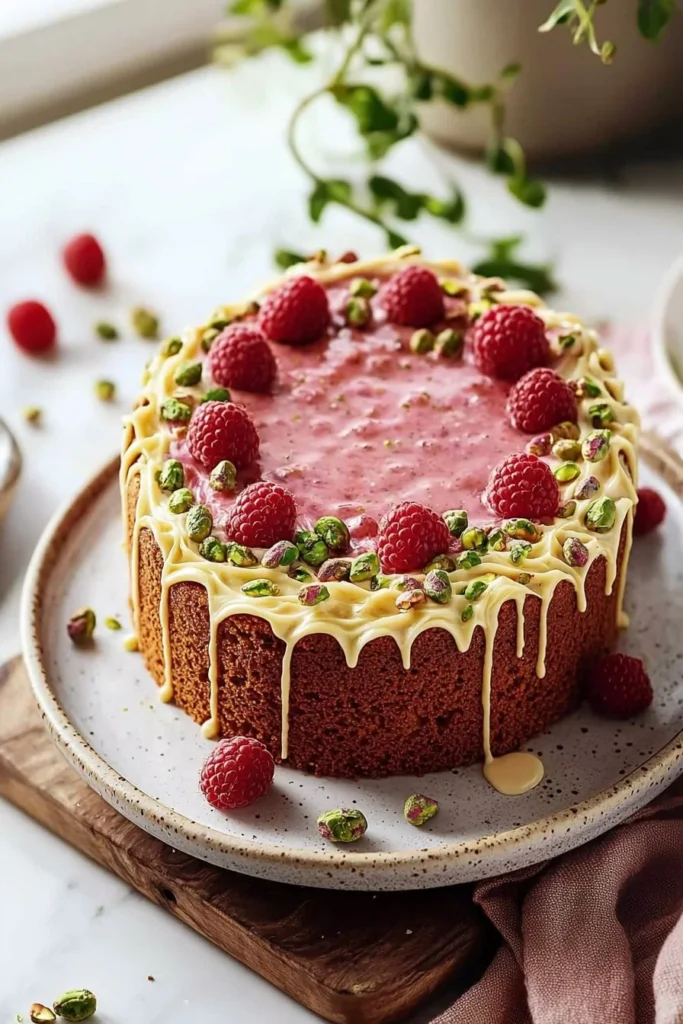 Homemade raspberry pistachio cake with vibrant berries and nuts on a plate.