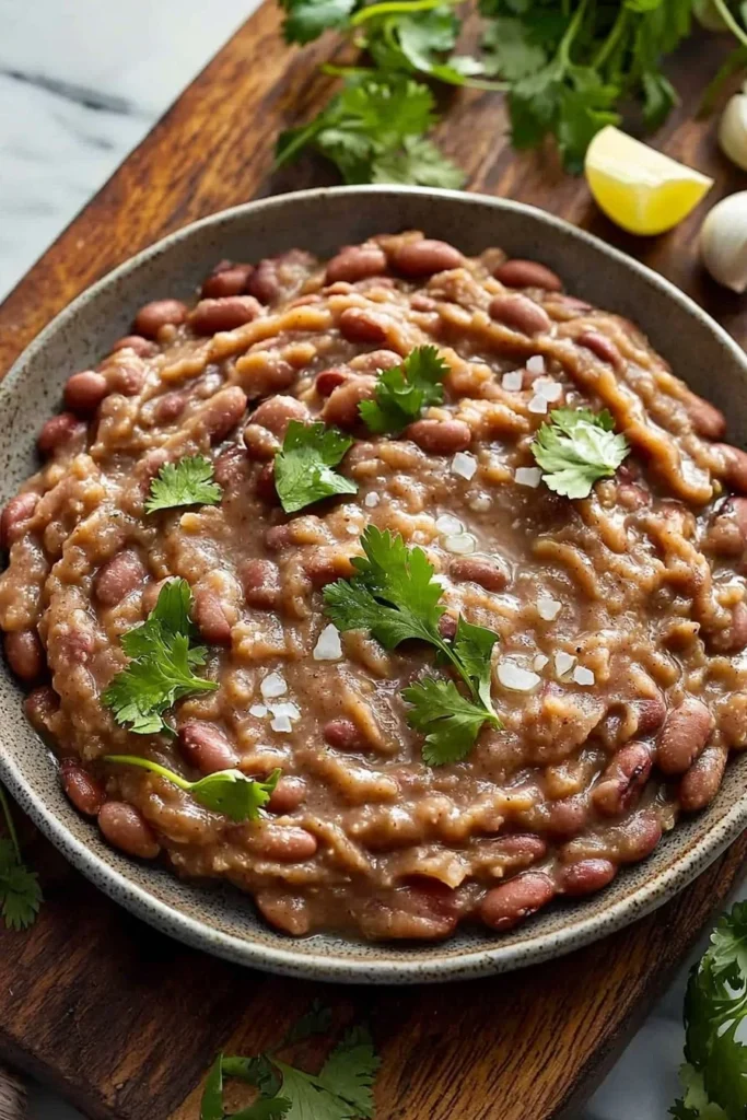 Bowl of homemade refried beans served with tortillas and toppings