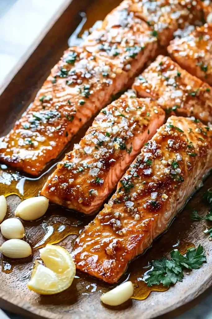 Honey garlic baked salmon on a plate, garnished with fresh herbs
