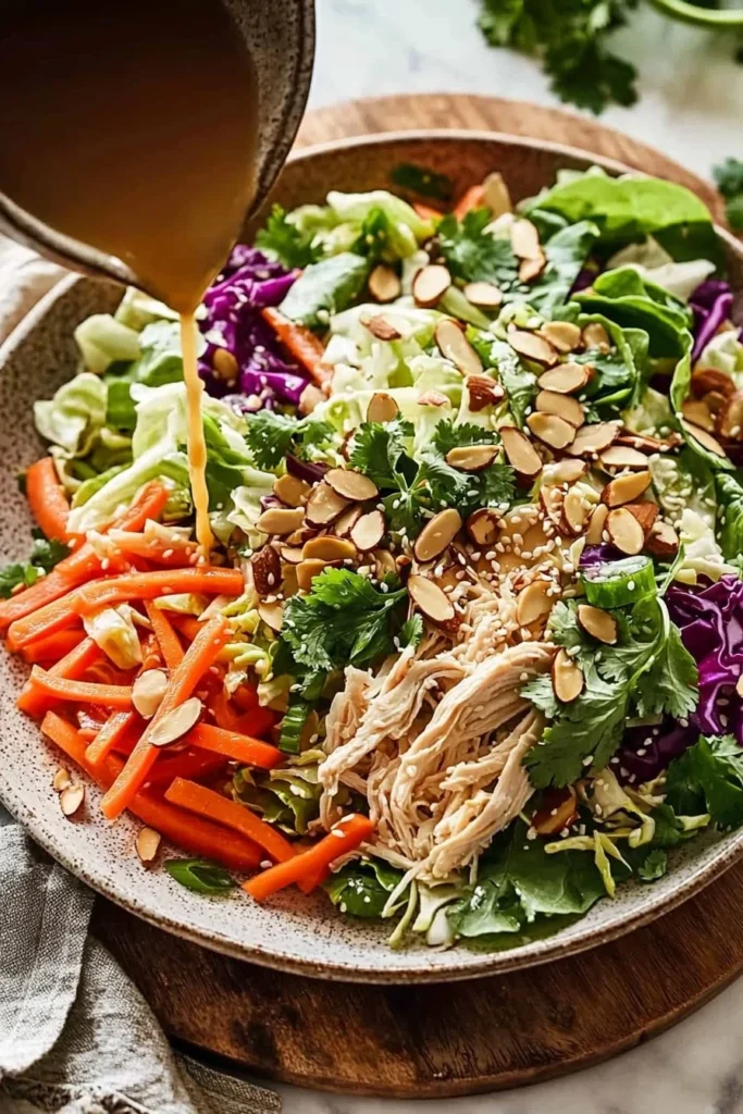 Bowl of healthy Chinese chicken salad with fresh vegetables and chicken pieces