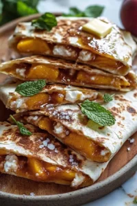 Delicious sweet and savory peach quesadillas served on a plate
