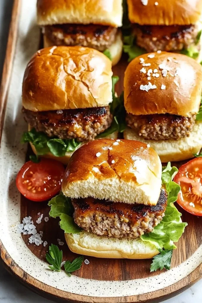Juicy turkey burger sliders served with fresh toppings on a wooden platter.