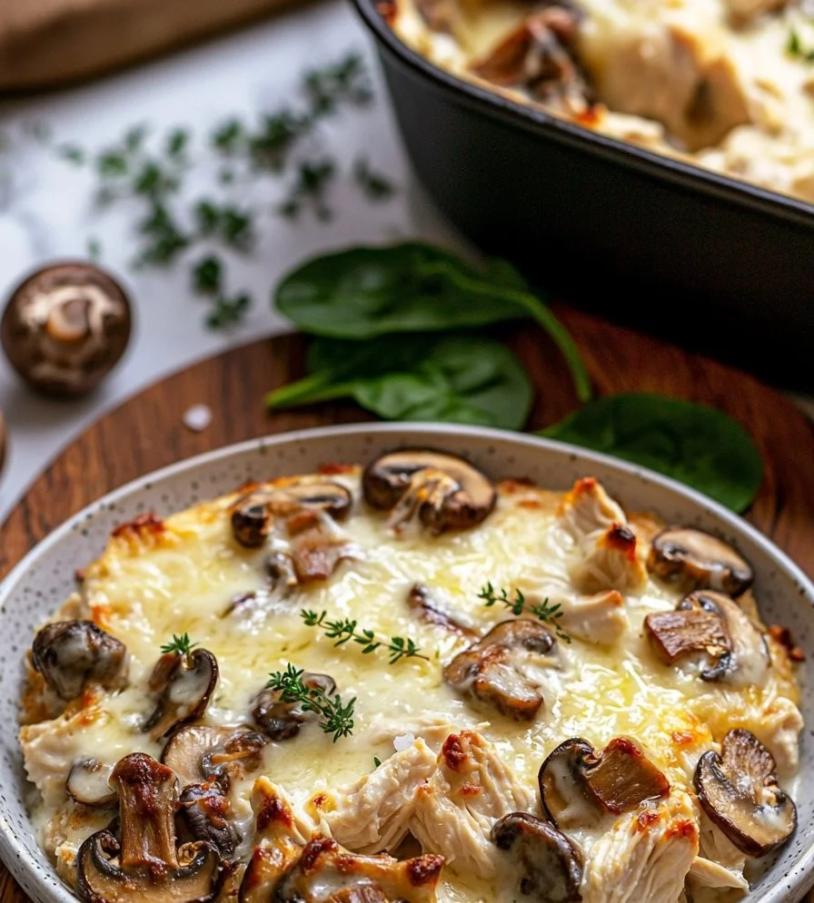 Keto Chicken Mushroom Casserole topped with cheese and herbs in a baking dish.