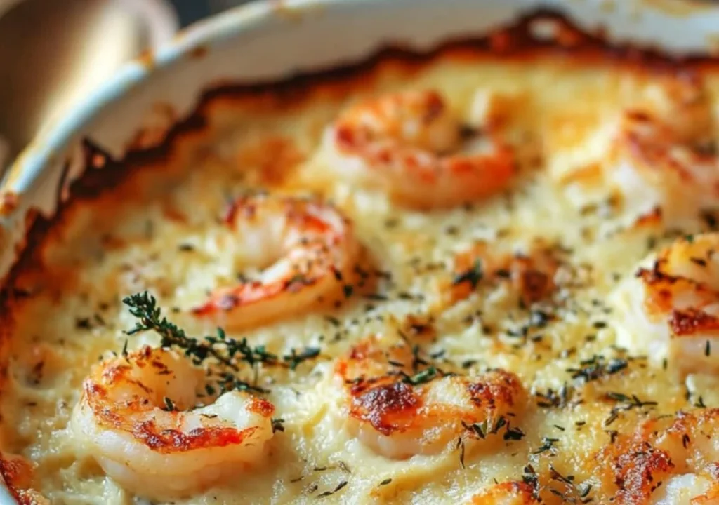 Keto Garlic Shrimp Au Gratin with cheesy topping baked to perfection
